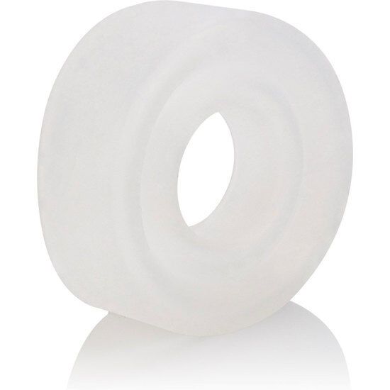 Weißes, ringförmiges Produkt aus Silikon. Mit zentraler Öffnung. Glatte Oberfläche.