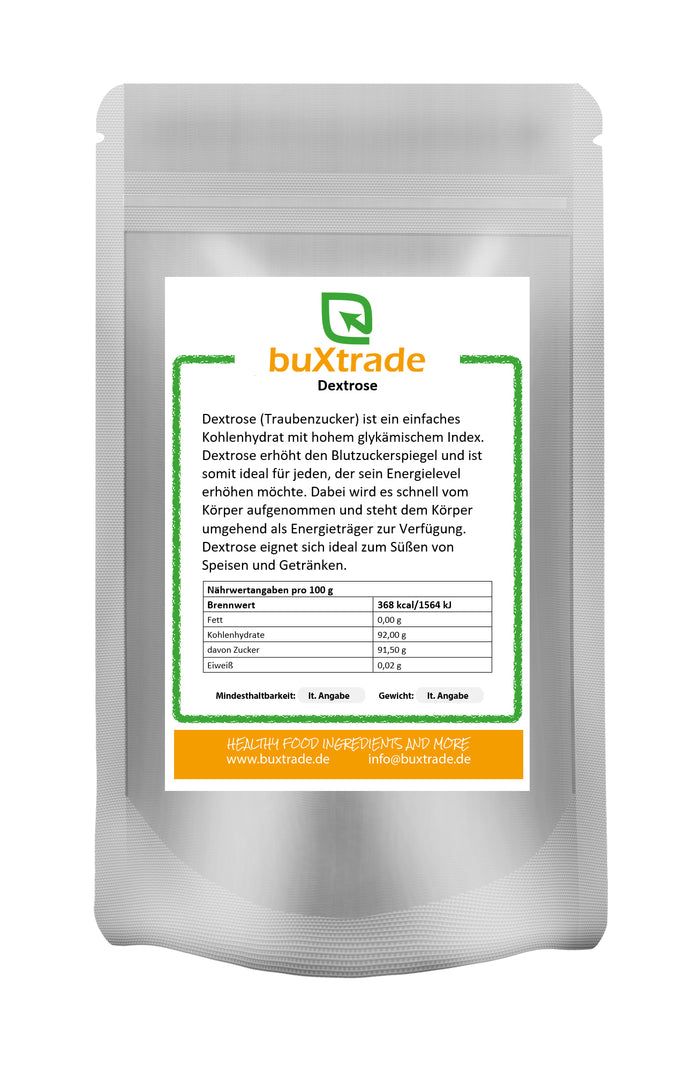 Beutel mit Etikett. Aufschrift: buXtrade, Dextrose. Nährwertangaben. Text in Grün und Schwarz.