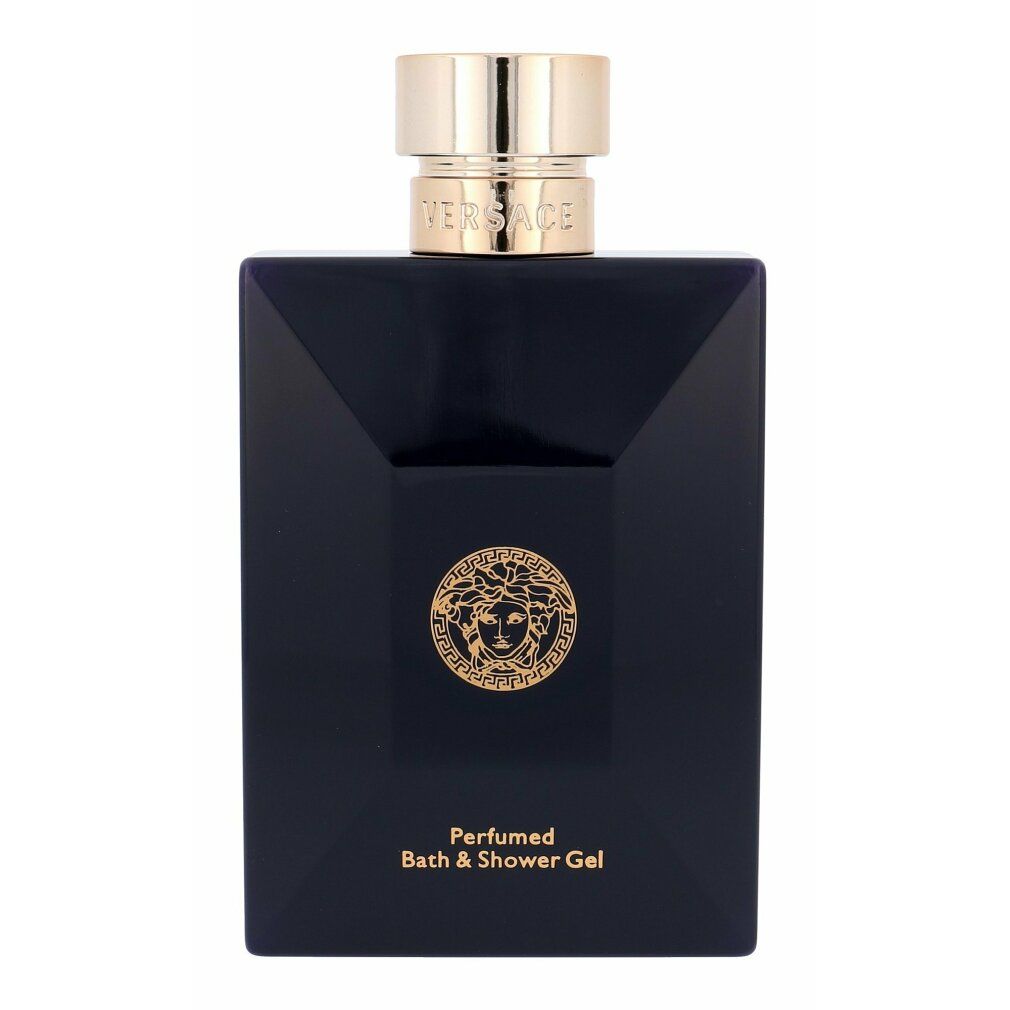 Dunkelblaue Flasche mit goldenem Verschluss. Goldfarbenes Medusa-Logo und Schriftzug "Perfumed Bath & Shower Gel".