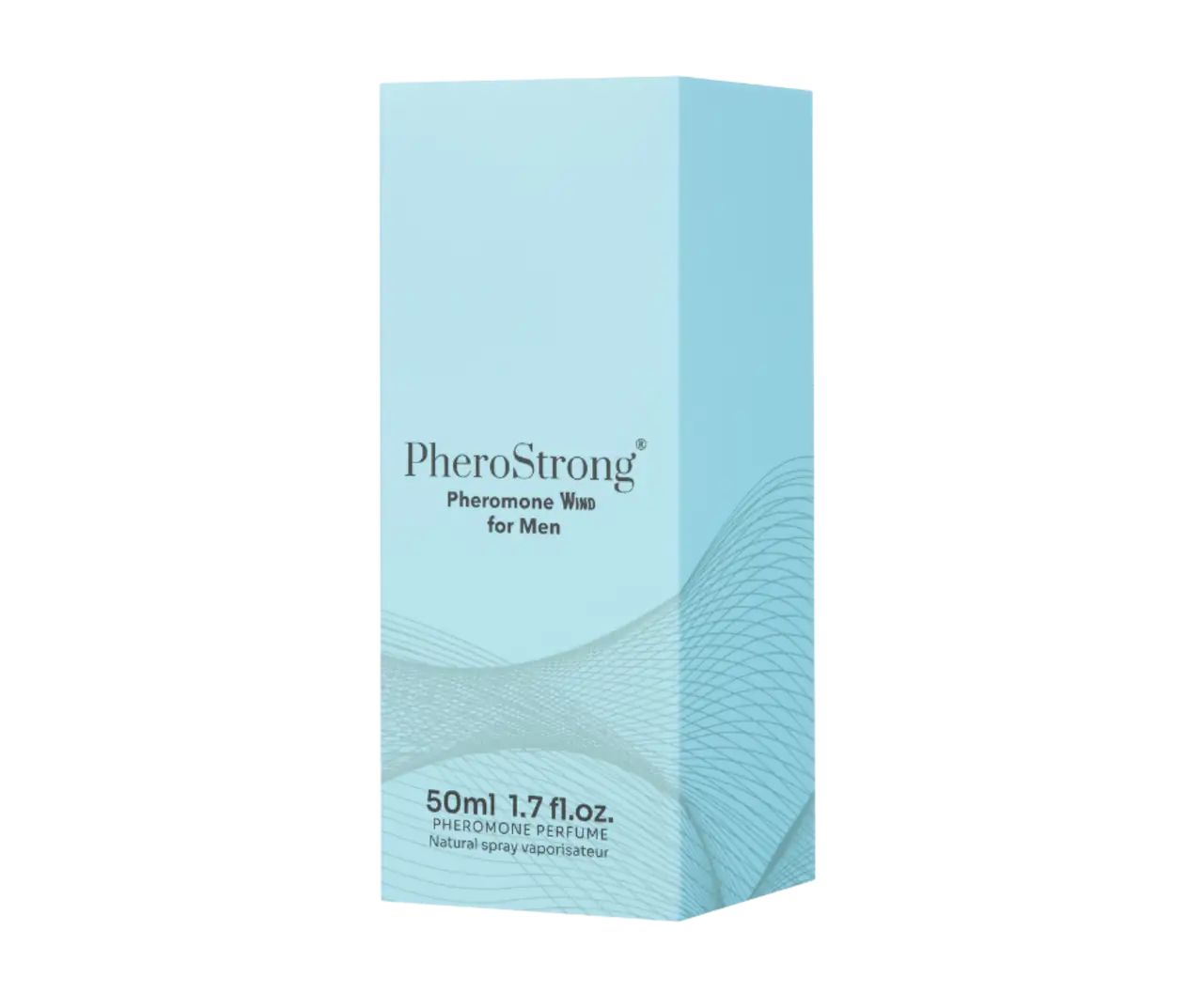 Hellblaue Verpackung. Aufschrift: PheroStrong Pheromone Wind for Men. Wellenmuster. 50ml.