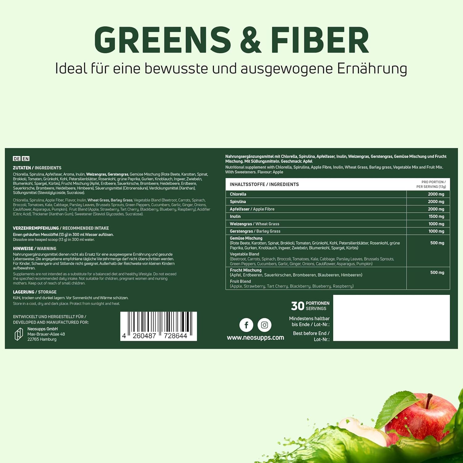 Grüne Verpackung mit Text: Greens & Fiber. Enthält Nährwertangaben und Zutaten. Aufschrift: Ideal für eine bewusste und ausgewogene Ernährung.