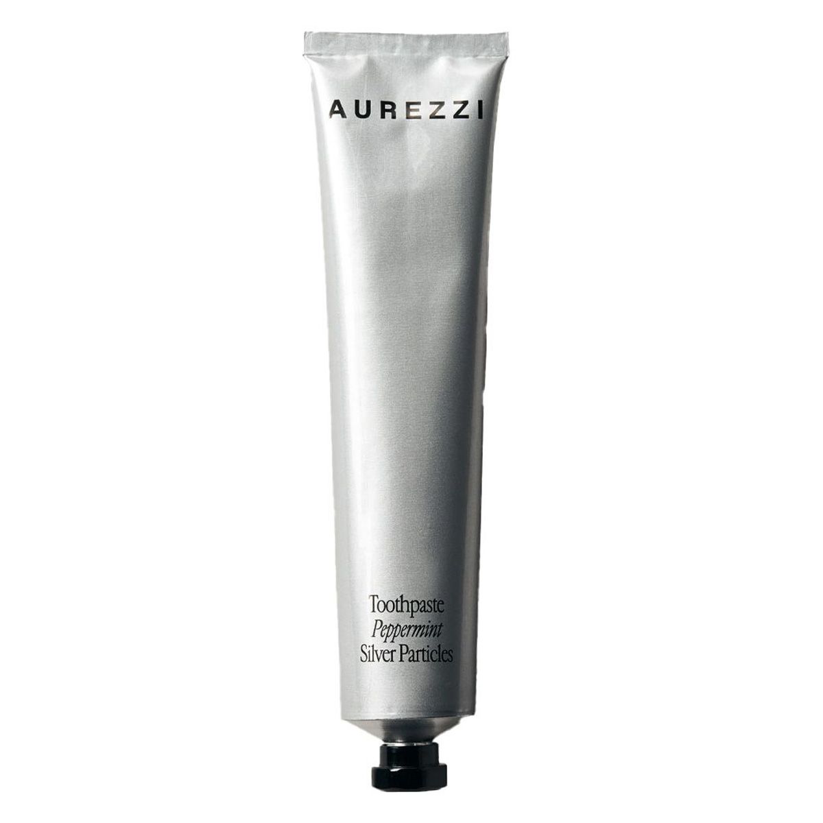 Zahnpasta-Tube, silberfarben. Aufschrift: AUREZZI. Aufschrift: Toothpaste Peppermint Silver Particles. Schwarzer Verschluss.