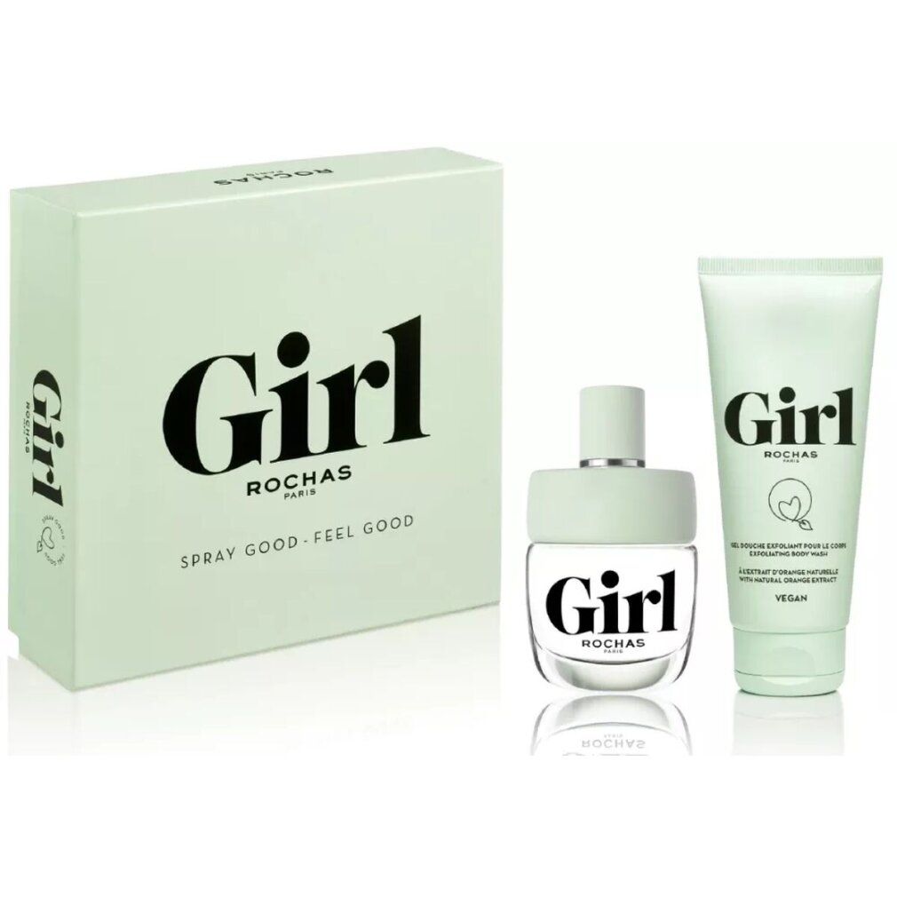 Geschenkset mit hellgrüner Box, Flakon und Tube. Auf der Box steht "Girl Rochas". Flakon und Tube tragen ebenfalls "Girl".