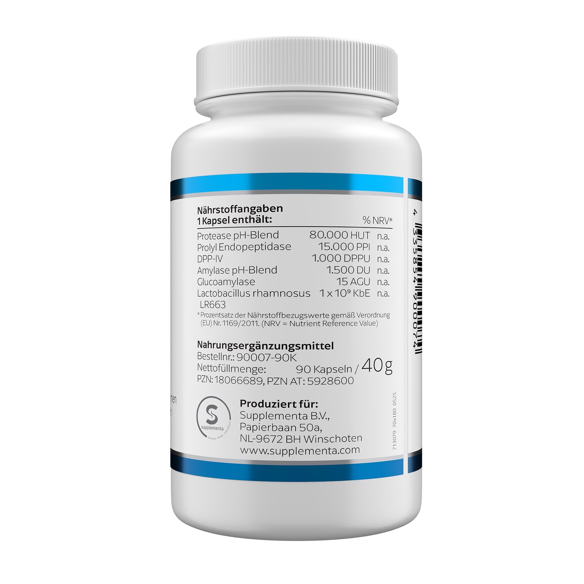 Rückseite der weißen Flasche. Enthält Nährwertangaben und Informationen zu Inhaltsstoffen. 90 Kapseln/40g.