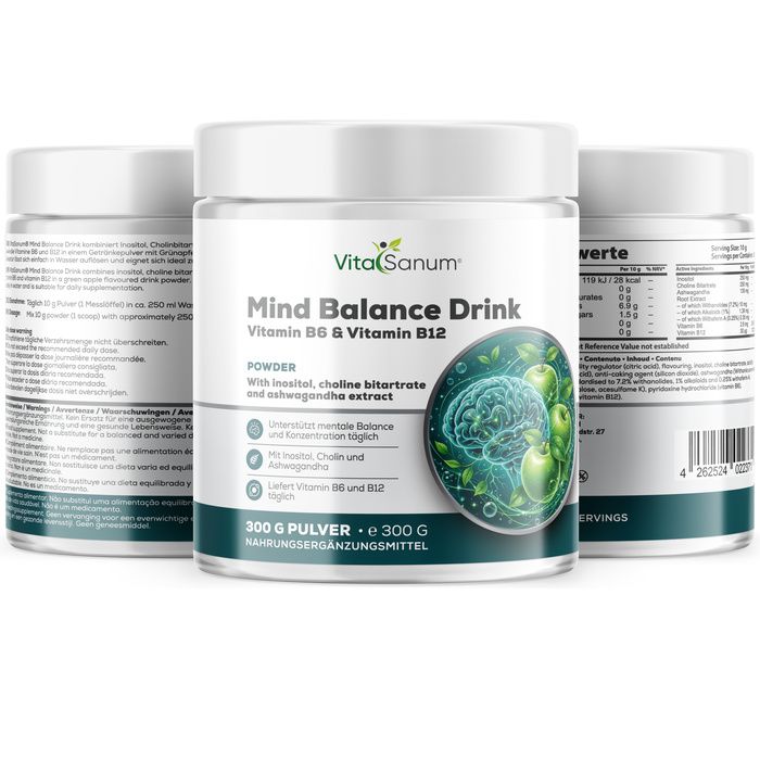 Drei Behälter VitaSanum Mind Balance Drink Pulver, vorne mit Etikett und Gehirn-Illustration.