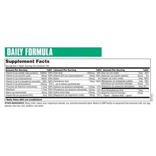 Nährwerttabelle mit Vitaminen und Mineralien. Enthält Angaben zu Inhaltsstoffen und prozentualen Tageswerten.
