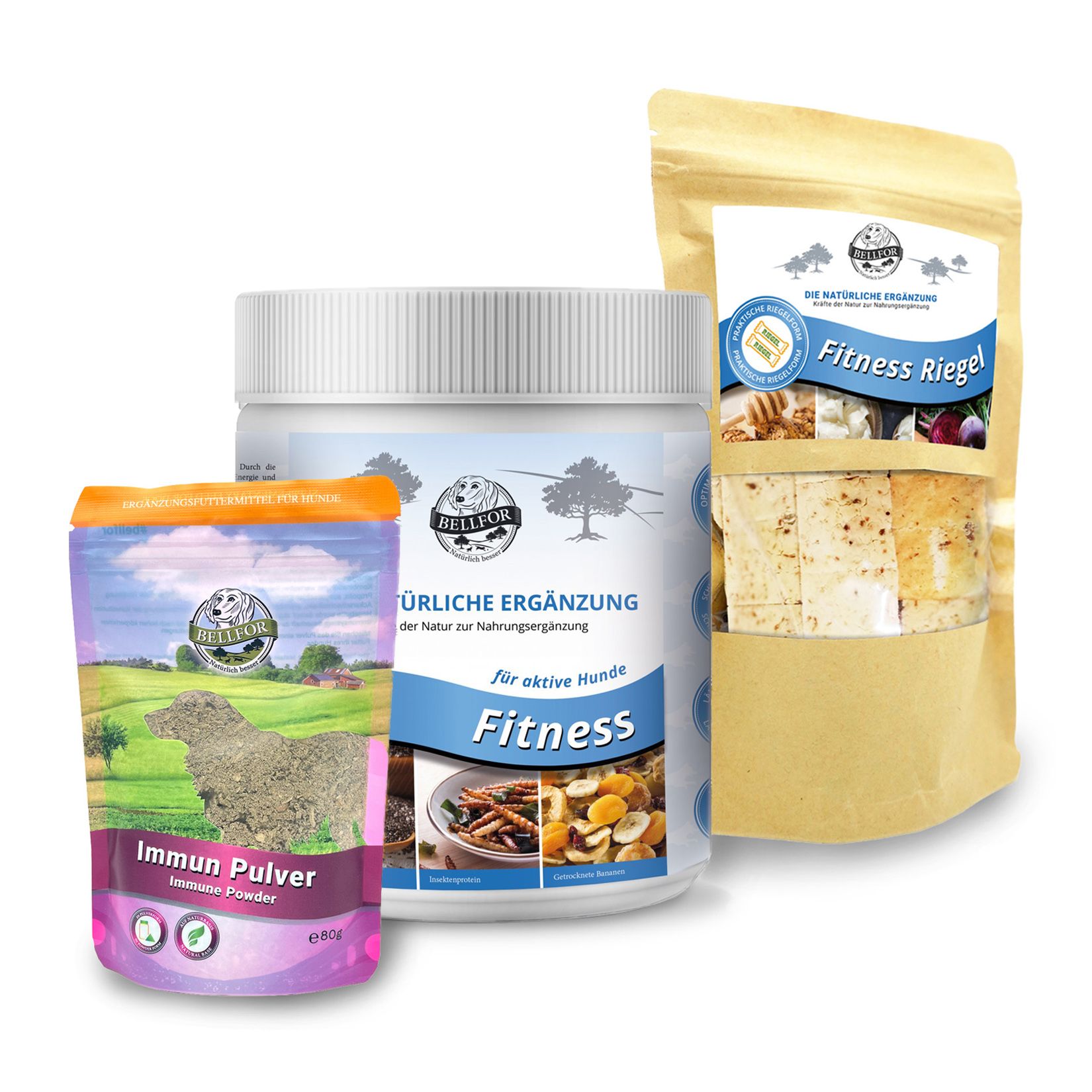 Bellfor Nahrungsergänzung paket für Sporthunde - Fitness Riegel + Fitness Pulver + Immun Pulver