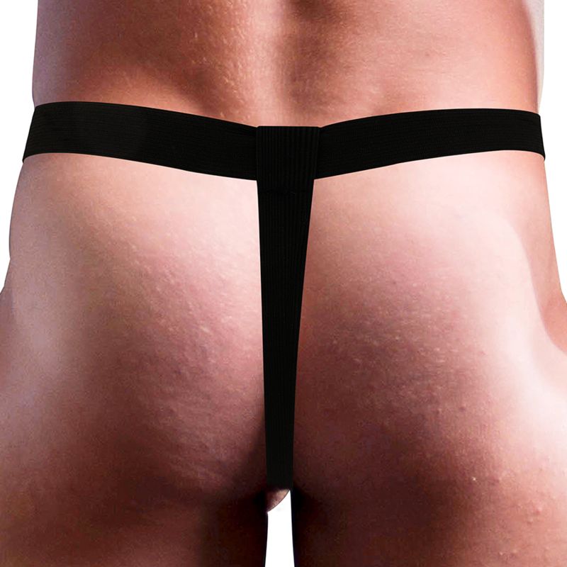 Schwarzes Geschirr von hinten. Der Mann trägt das Geschirr. G-String-Design.
