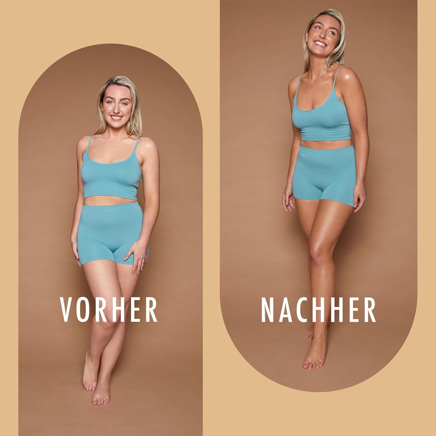 Zwei Frauen in Sportkleidung. Links: Vorher. Rechts: Nachher. Gebräunte Haut.