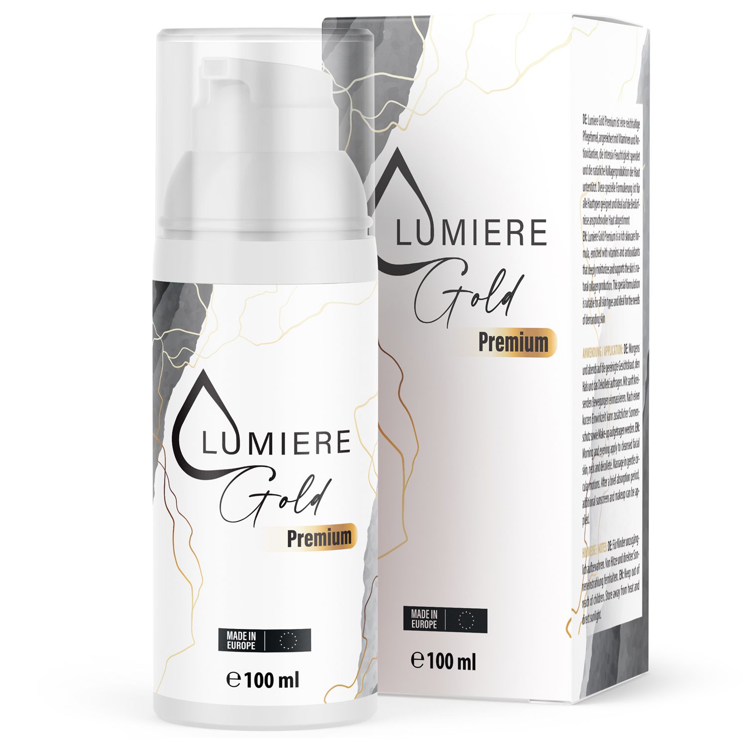 Creme-Flakon und Schachtel. Aufschrift: Lumiere Gold Premium. Mit europäischem Qualitätssiegel. Volumen: 100 ml.