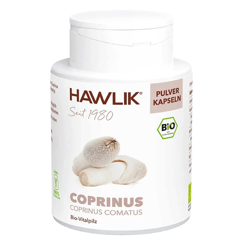 Weiße Flasche mit Kapseln. Aufschrift: Hawlik, Coprinus, Pulver Kapseln, Bio-Vitalpilz. Bio-Siegel.