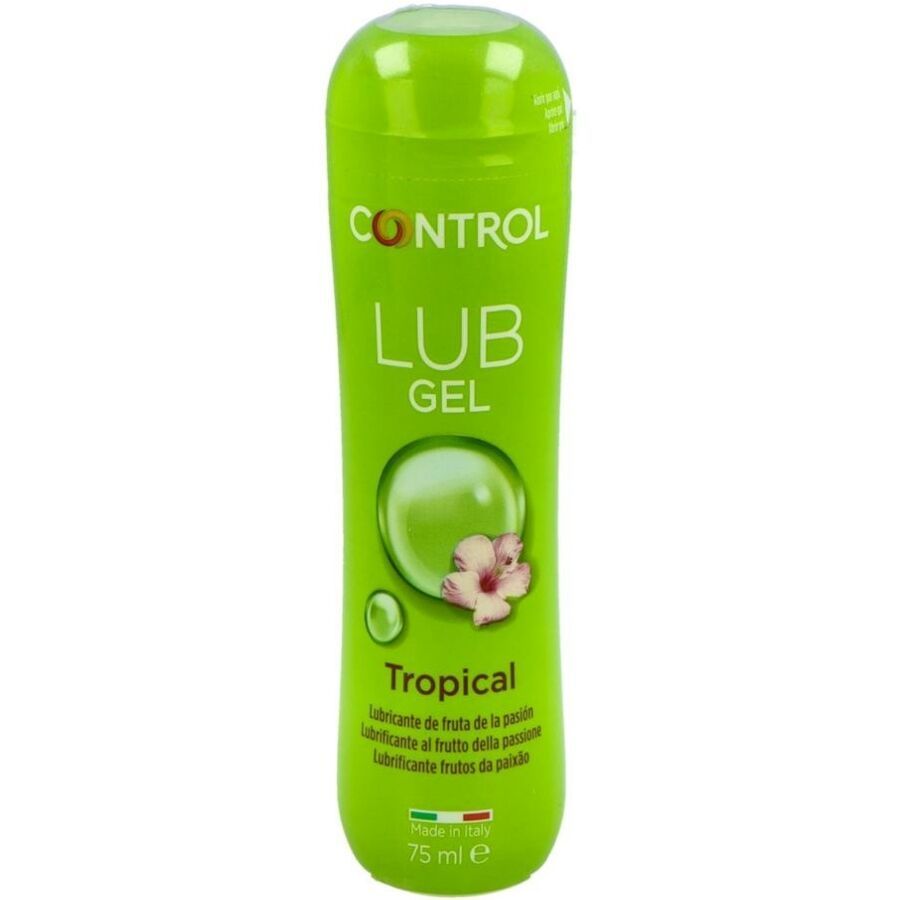 Grüne Flasche mit weißem Deckel. Aufschrift: CONTROL LUB GEL Tropical. 75 ml. Mit Abbildung einer Blüte.