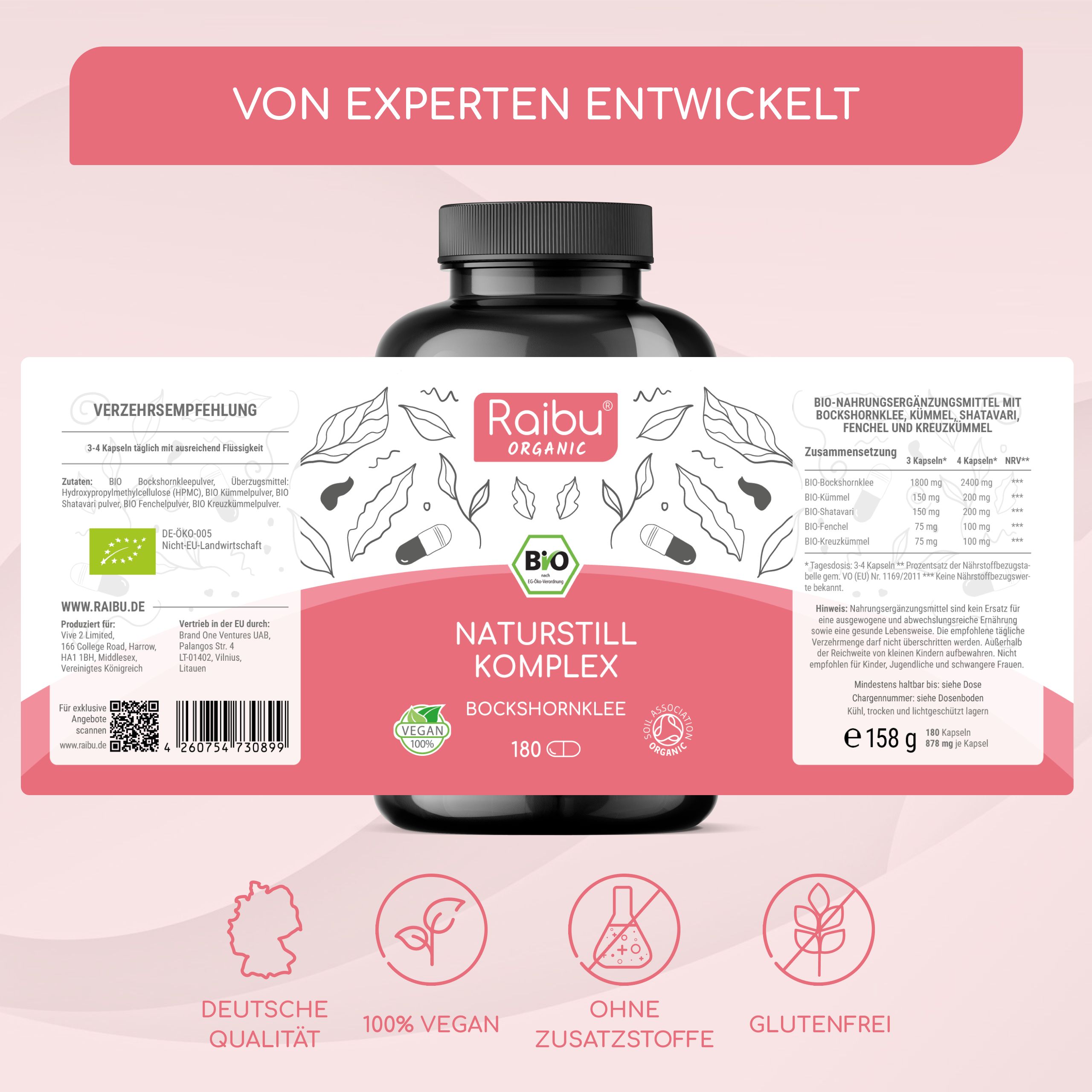 Etikett mit Produktinformationen. Enthält Logo, Inhaltsstoffe, Dosierungsempfehlung, Zertifizierungen und Kontaktinformationen.