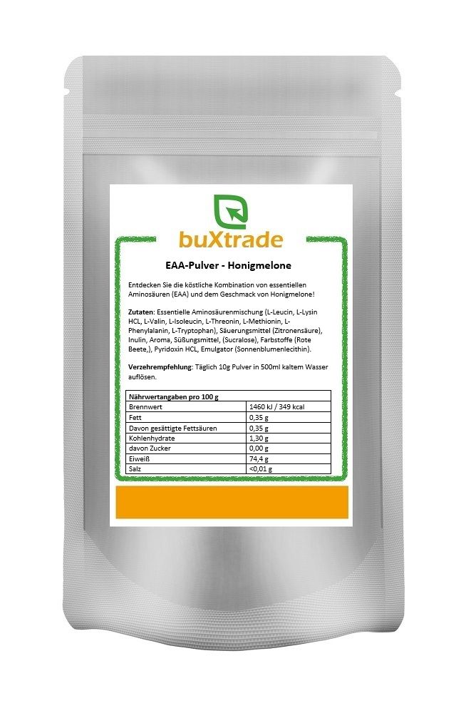 Beutel mit EAA-Pulver Honigmelone. Aufdruck mit Produktnamen, Zutaten, Nährwertangaben und Verzehrempfehlung. Marke: buXtrade.