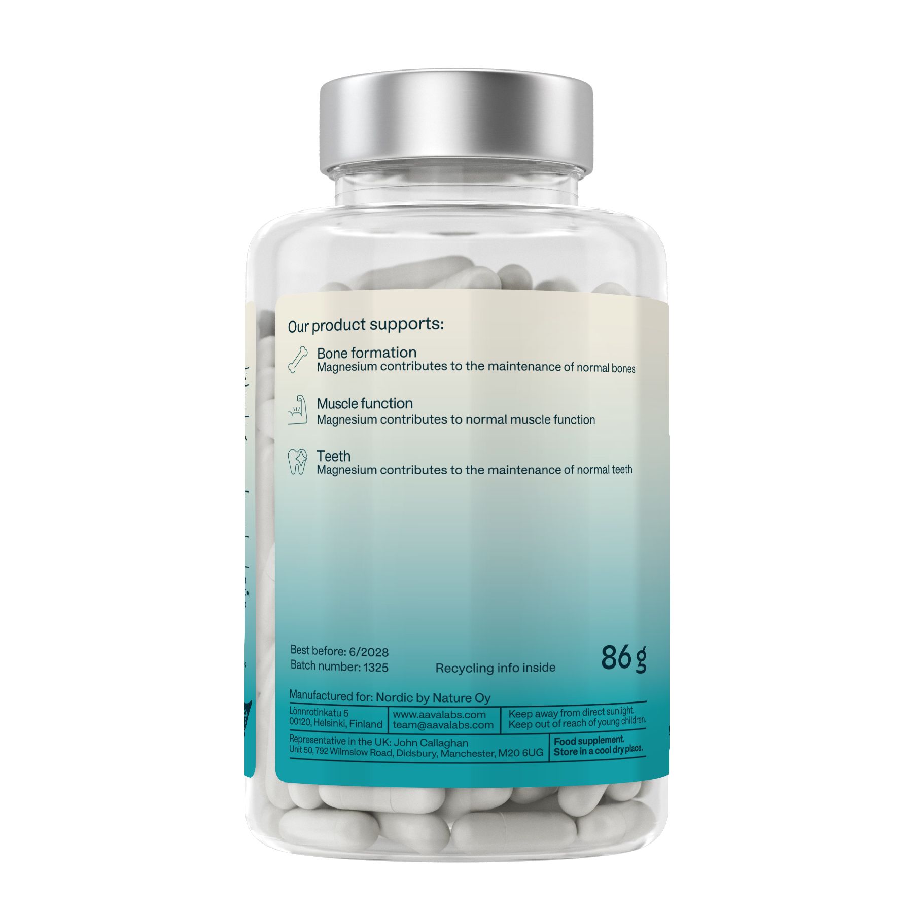 Rückseite der Flasche mit Informationen zur Knochen-, Muskel- und Zahnfunktion. 86g. Chargennummer 1305.