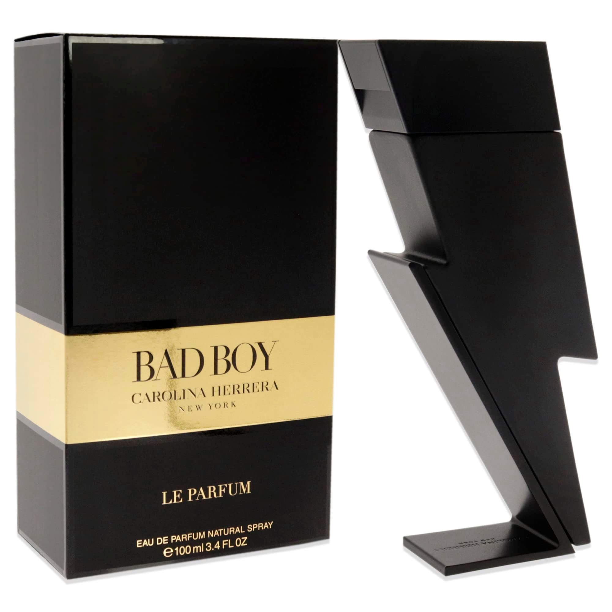 Schwarzer Flakon in Blitzform und schwarze Verpackung. Aufschrift: BAD BOY CAROLINA HERRERA LE PARFUM.
