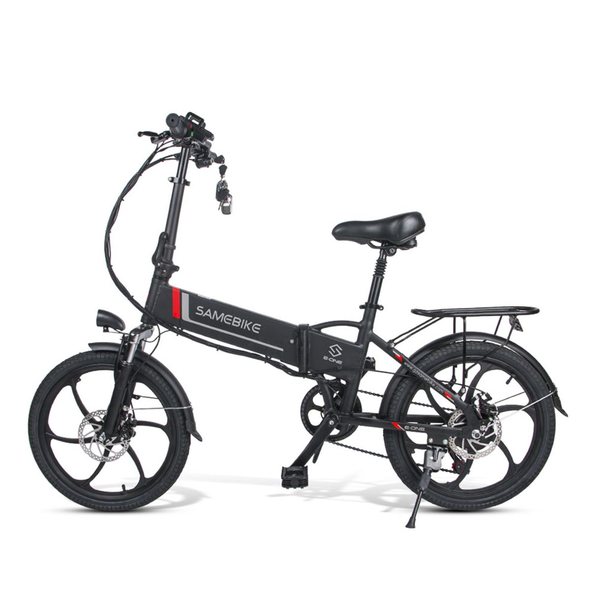 Schwarzes Elektrofahrrad SAMEBIKE 20LVXD30. Sichtbar: Rahmen, Räder, Sattel, Gepäckträger, Scheinwerfer, Bremsen.