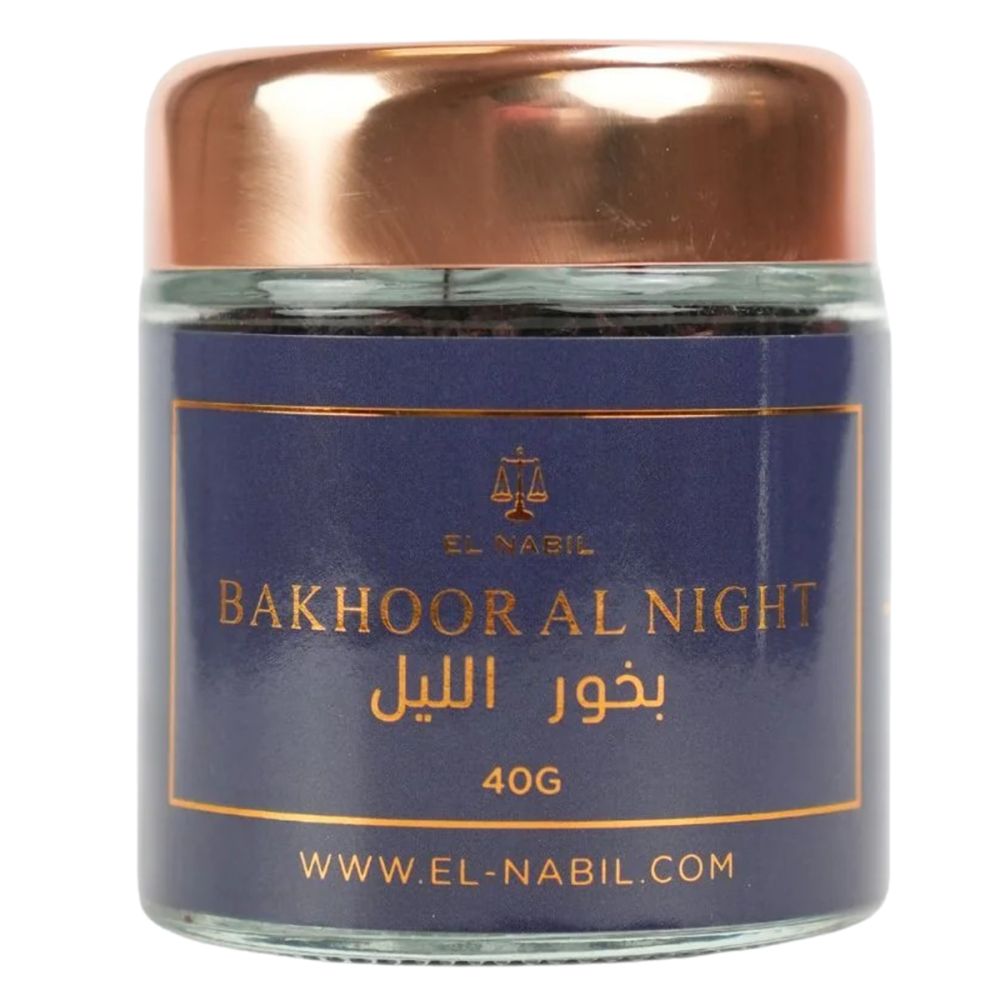 Glasbehälter mit 40g El Nabil Bakhoor Al Night und kupferfarbenem Deckel.