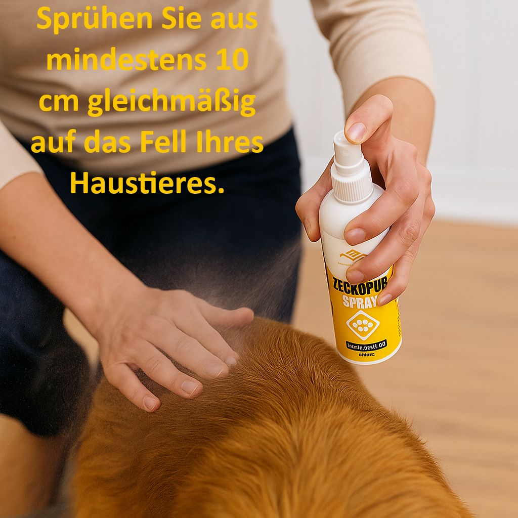 Person sprüht Zeckopur Spray auf Hundefell. Text: Sprühen Sie aus mindestens 10 cm gleichmäßig auf das Fell Ihres Haustieres.