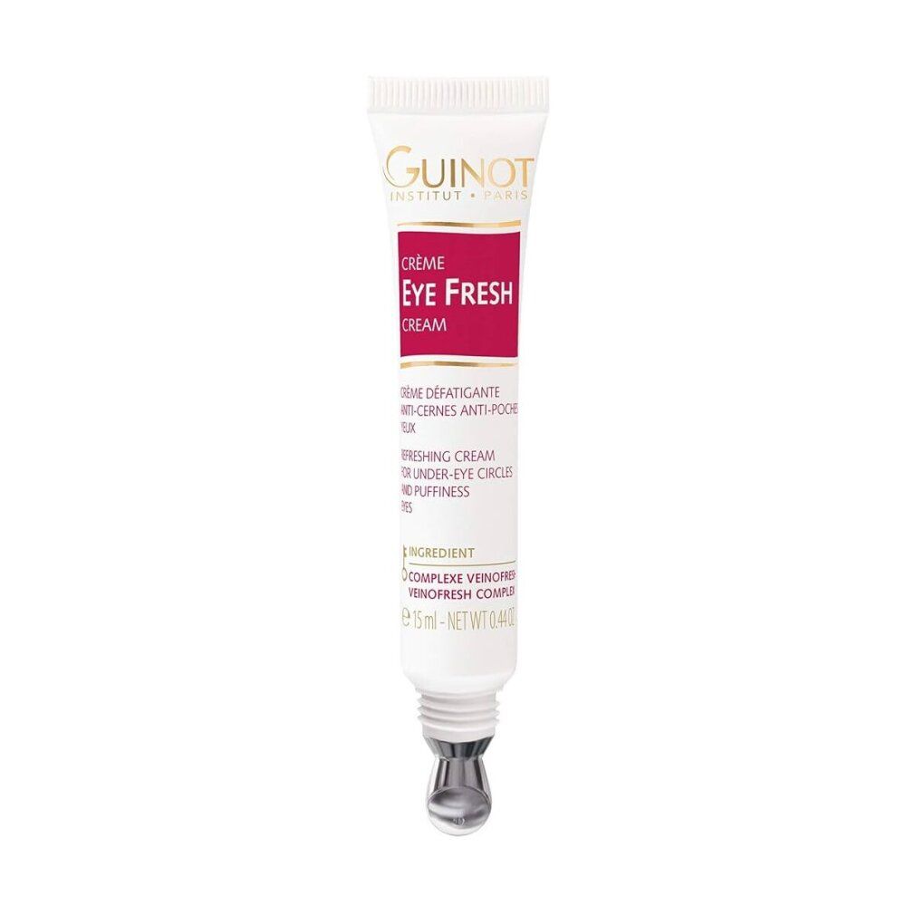 Guinot Crème Eye Fresh Creme Tube. Weißes Tube mit rotem Etikett. Enthält einen Metallapplikator.