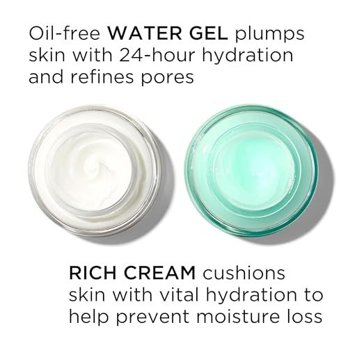 Zwei offene Tiegel. Links: Creme. Rechts: Grünliches Gel. Text: Oil-free WATER GEL, RICH CREAM.