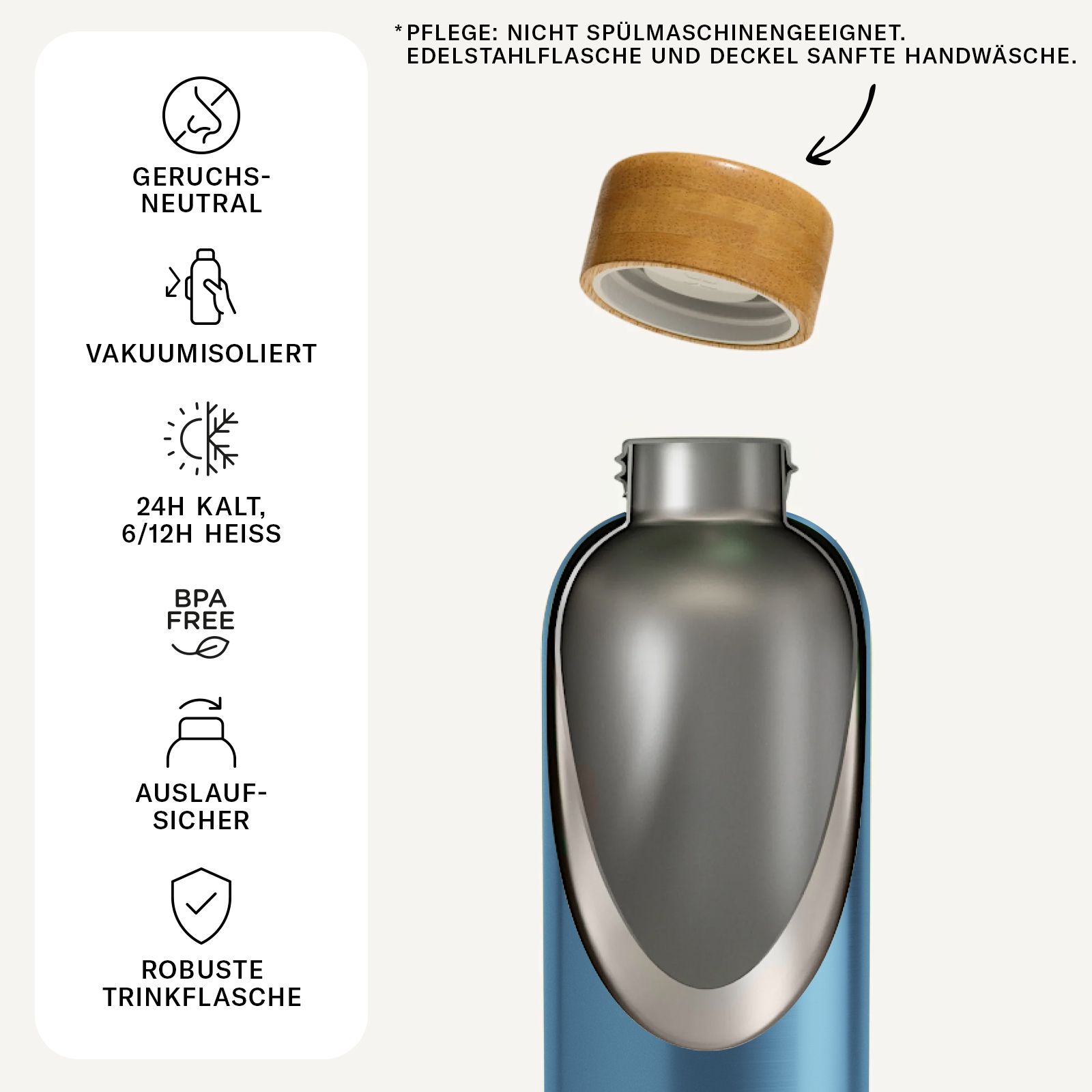 Aufgeschnittene Steel Blue Brushed Trinkflasche zeigt Vakuumisolierung und Holzbeschichtung des Deckels.