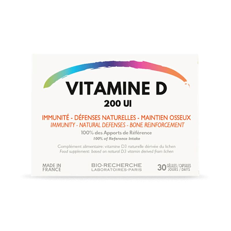 Verpackung für Vitamin D 200 UI, 30 Kapseln. Hergestellt in Frankreich.