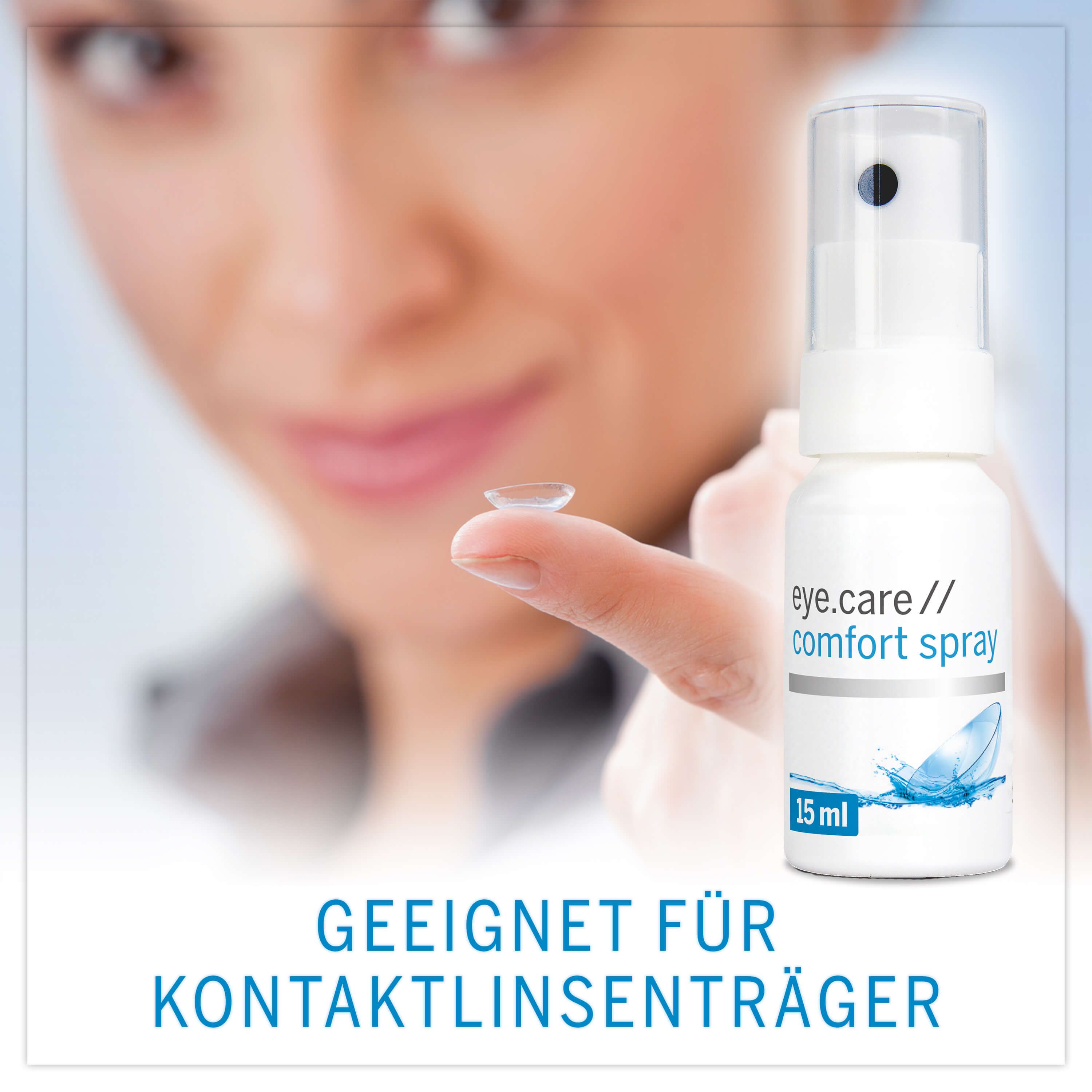 Produkt: eye.care // comfort spray. Frau hält Kontaktlinse. Text: Geeignet für Kontaktlinsenträger.