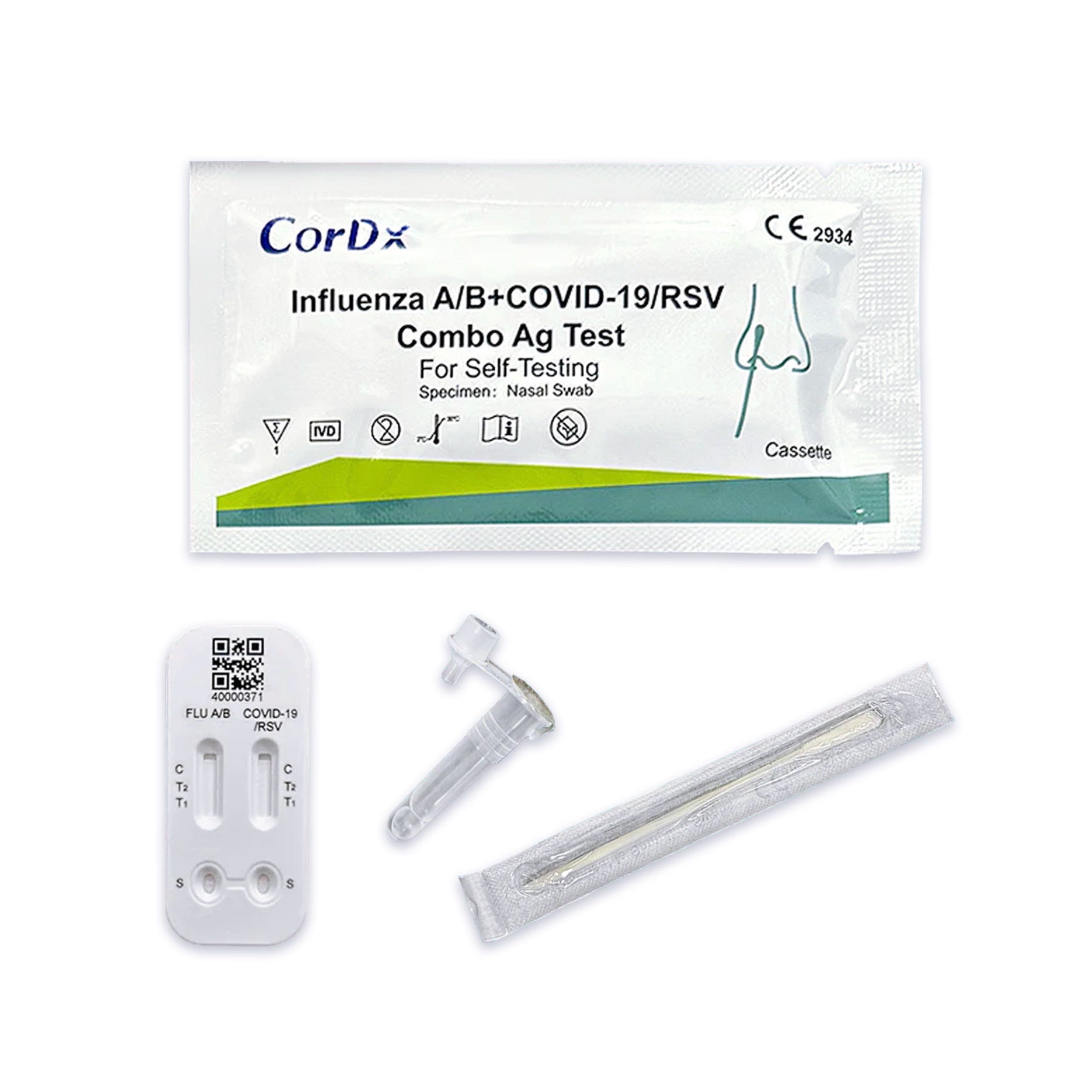Testkassette, Beutel, Röhrchen und Tupfer. Auf dem Beutel steht "CorDx Influenza A/B+COVID-19/RSV Combo Ag Test".