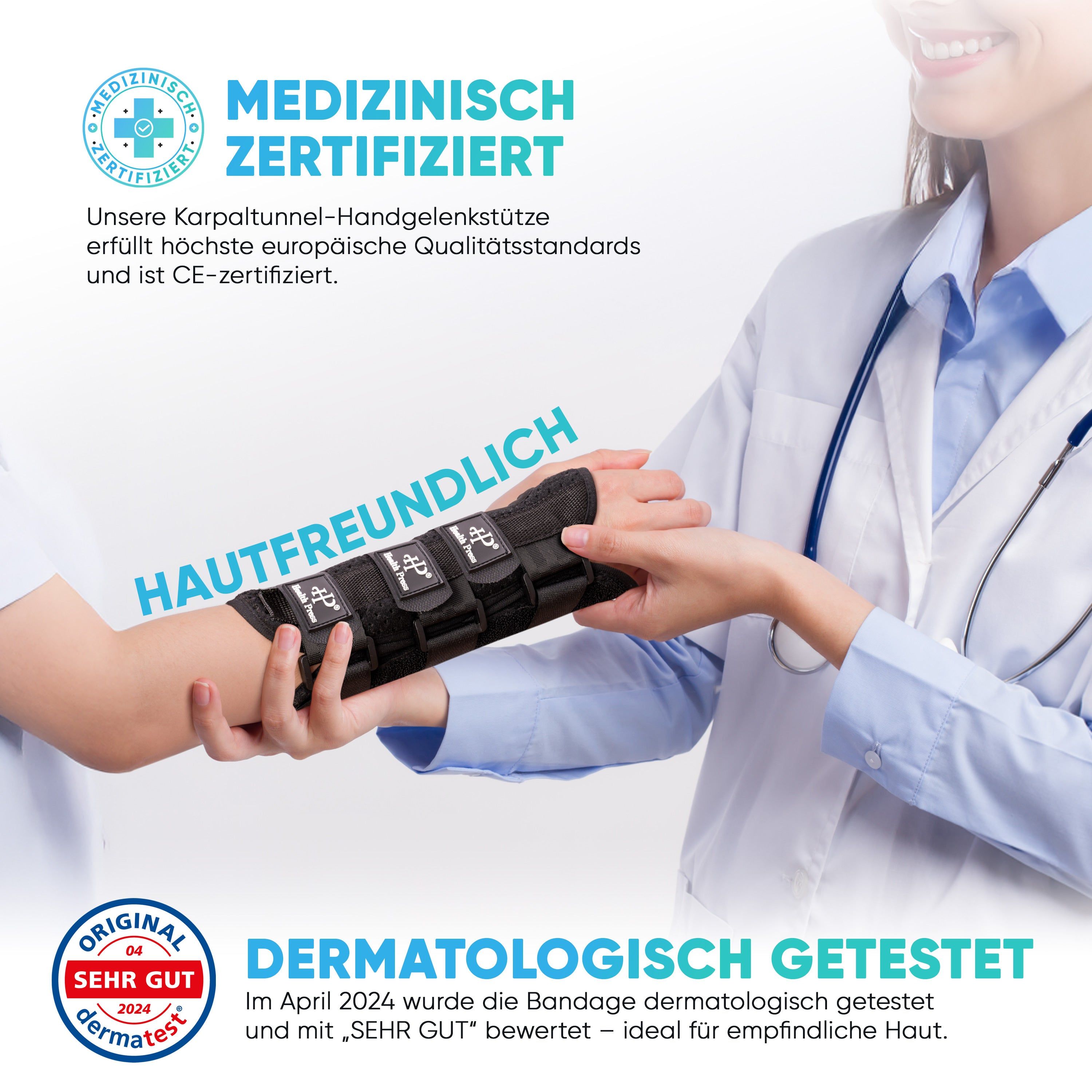 Handgelenkbandage am Arm einer Person. Medizinisch zertifiziert und dermatologisch getestet. Logo Health Press.