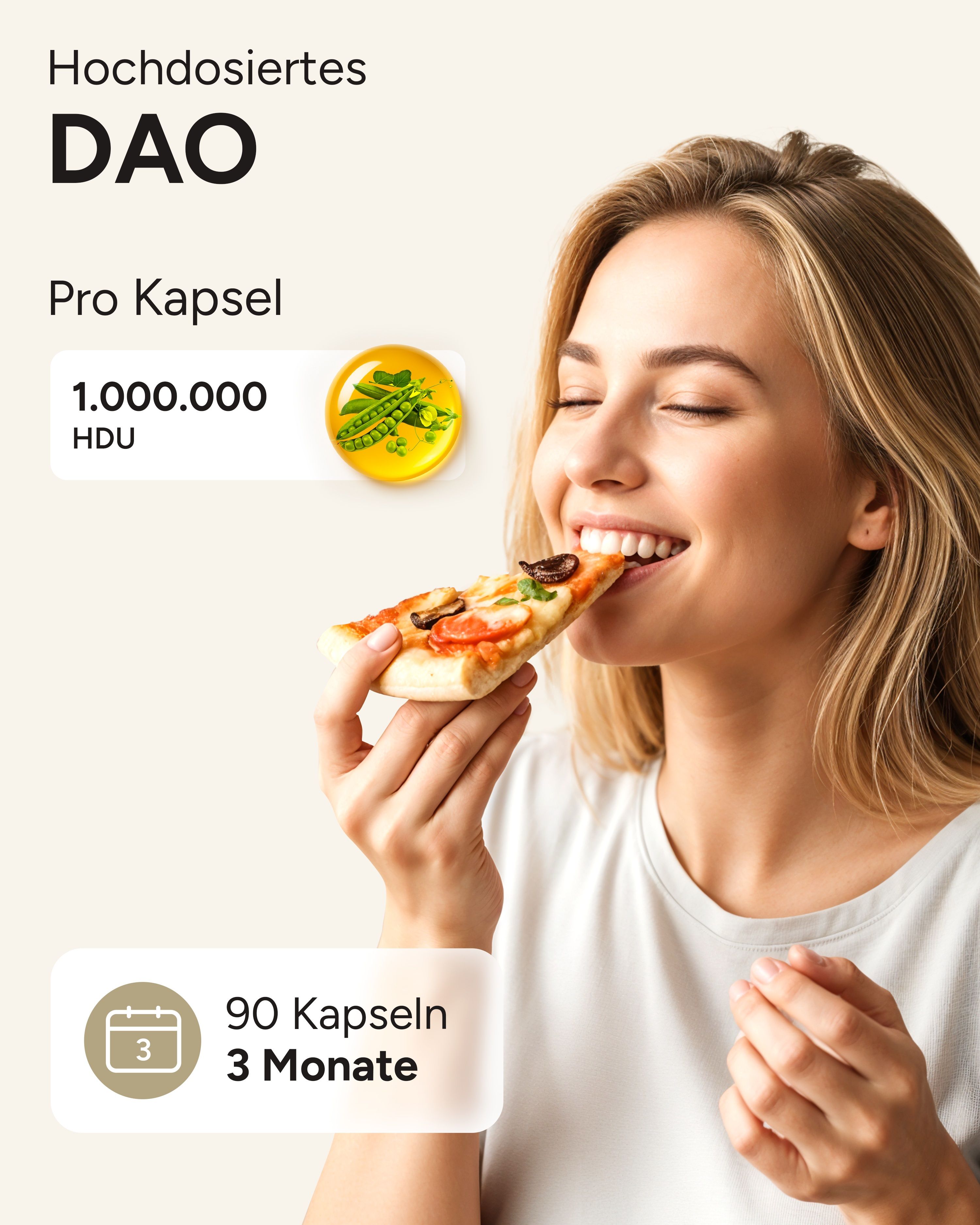Frau isst Pizza. Text: Hochdosiertes DAO. Pro Kapsel 1.000.000 HDU. 90 Kapseln, 3 Monate.