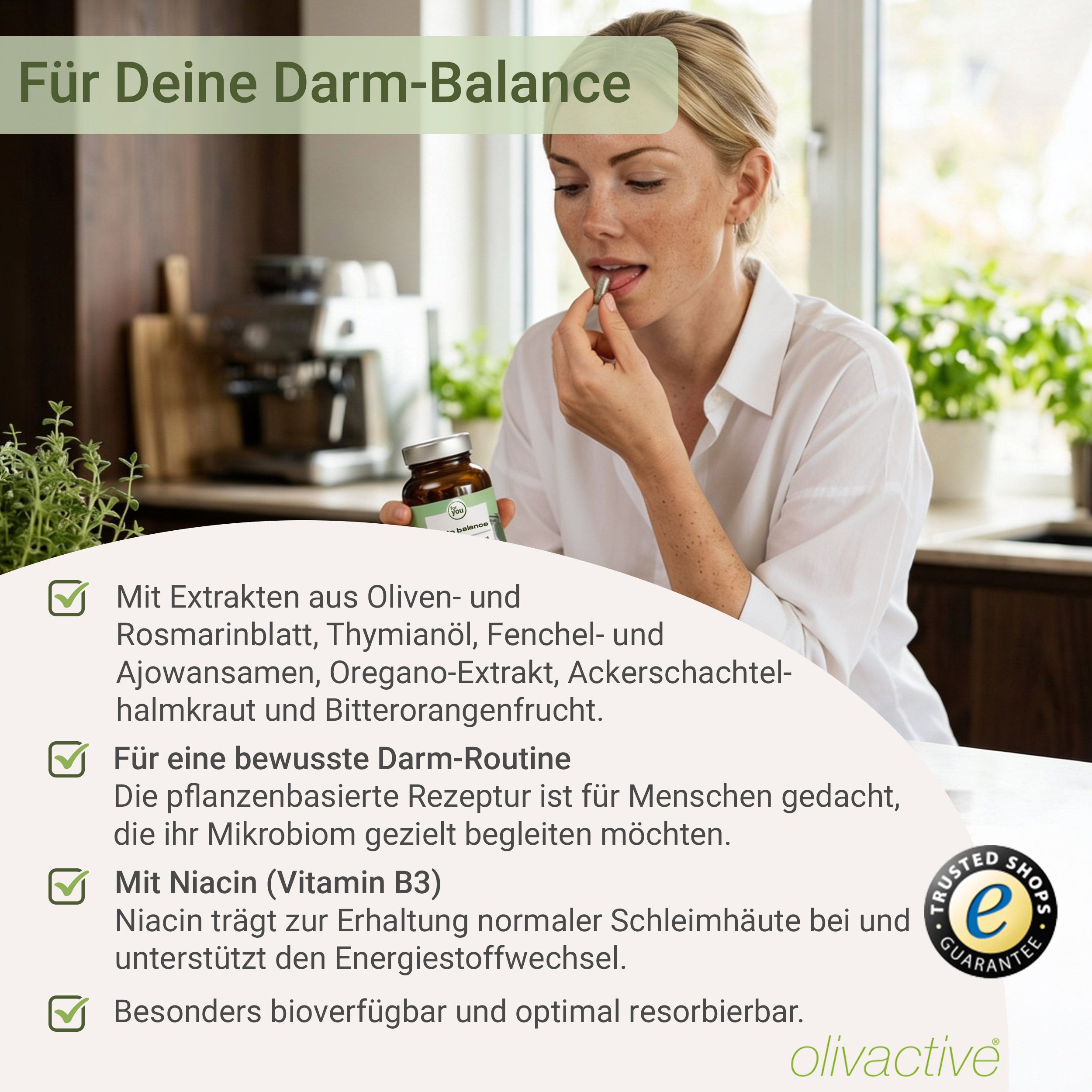 Frau nimmt eine Kapsel ein. Daneben eine Flasche des Produkts und Textfelder mit Produktvorteilen.
