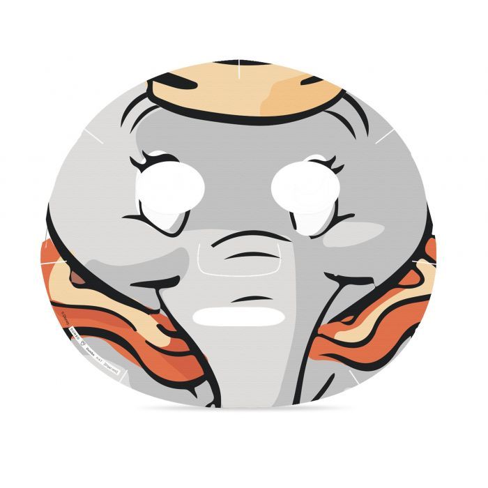 Gesichtsmaske mit Dumbo-Design. Runde Form, grau, mit Augenöffnungen. Orangefarbene und gelbe Details.