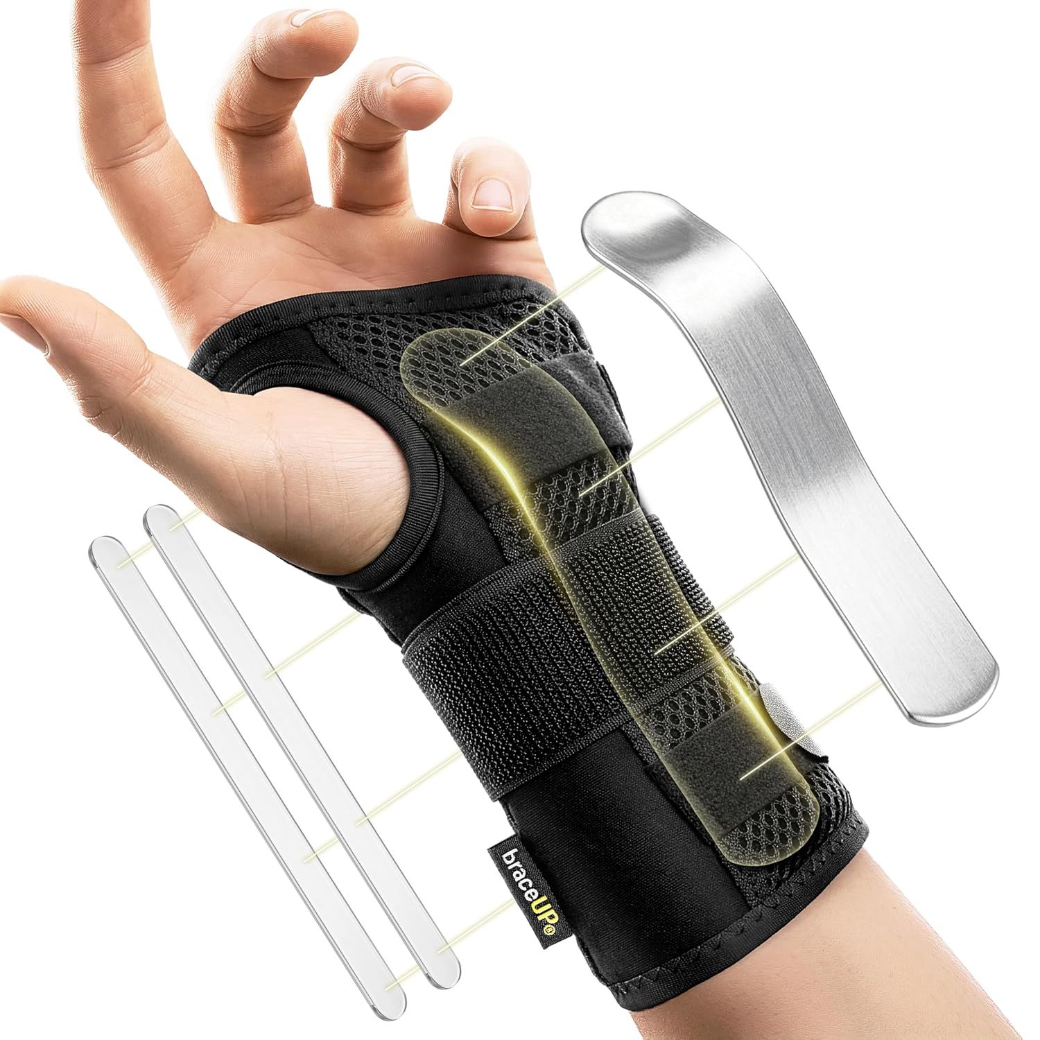 Größentabelle für die Handgelenkbandage braceUP B405 mit cm- und Inch-Angaben.