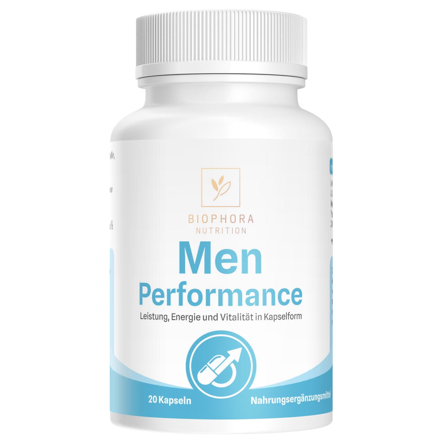 Weiße Kapsel-Dose mit blauem Band. Text: Biophora Nutrition, Men Performance, 20 Kapseln, Nahrungsergänzungsmittel.