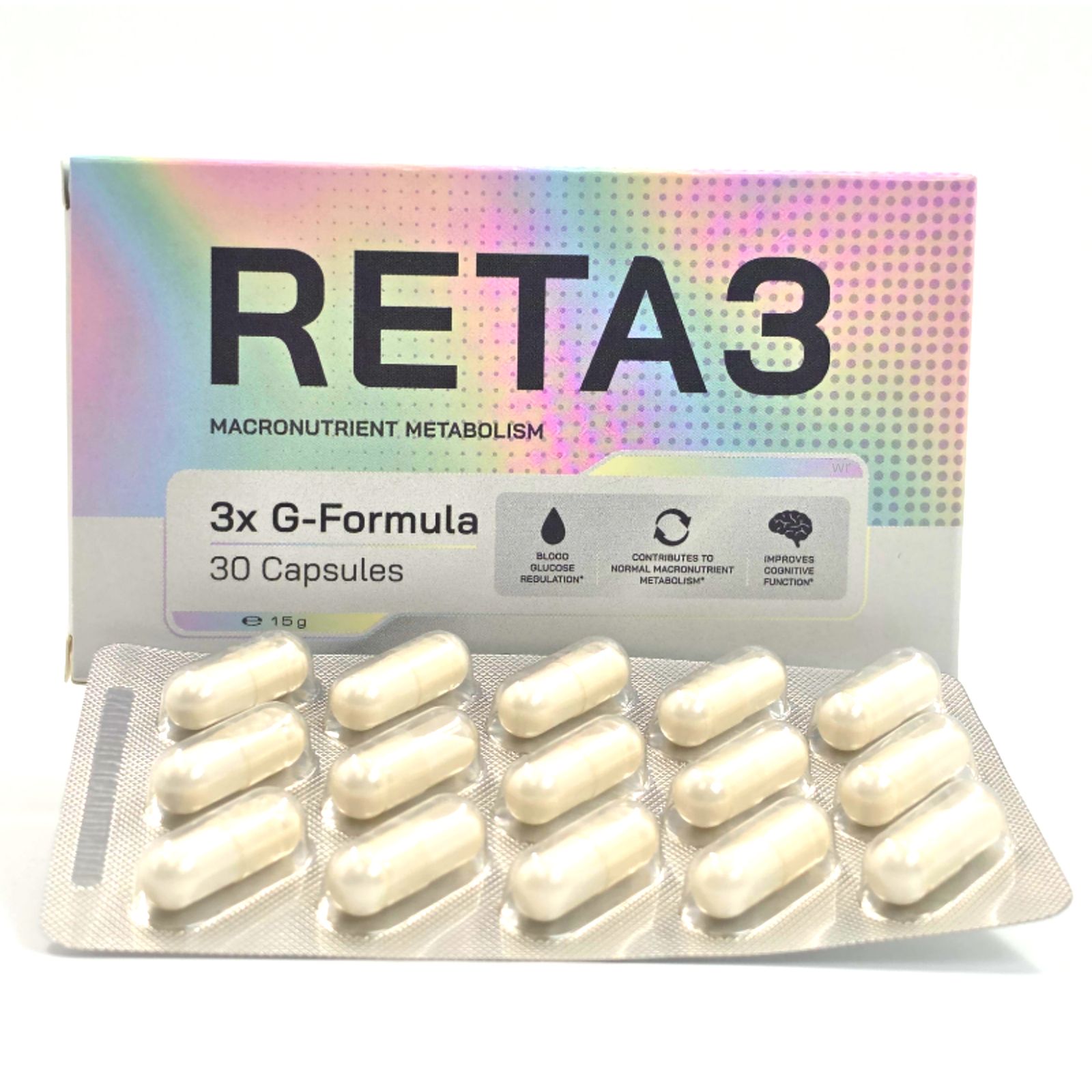 RETA3 Packung und Blisterpackung mit 15 Kapseln, G-Formel für den Makronährstoffwechsel.