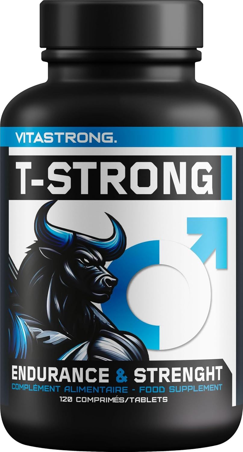 Schwarze Flasche mit blauem Etikett. Enthält das Produkt T-Strong. Mit einem Stier-Logo und Text.