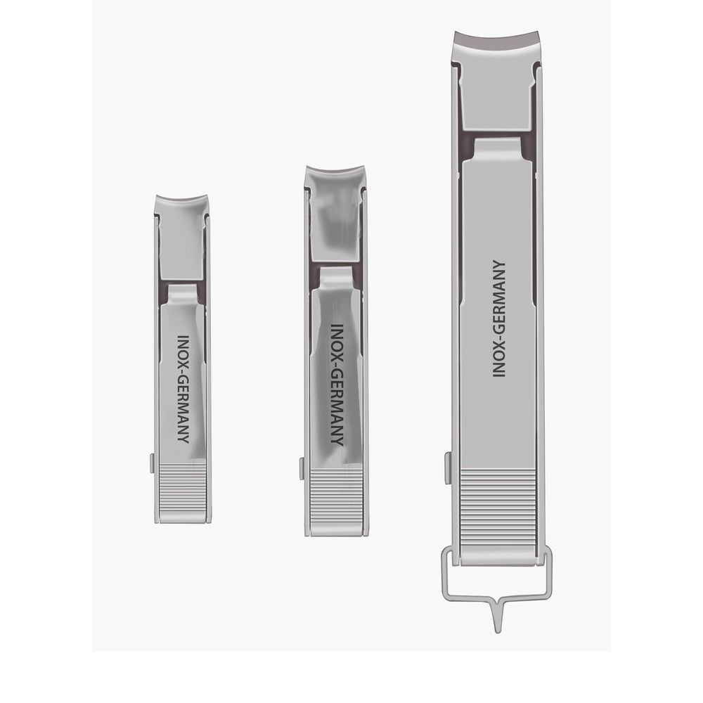 Drei Nagelknipser aus Metall. Auf jedem steht "INOX-GERMANY". Unterschiedliche Größen.