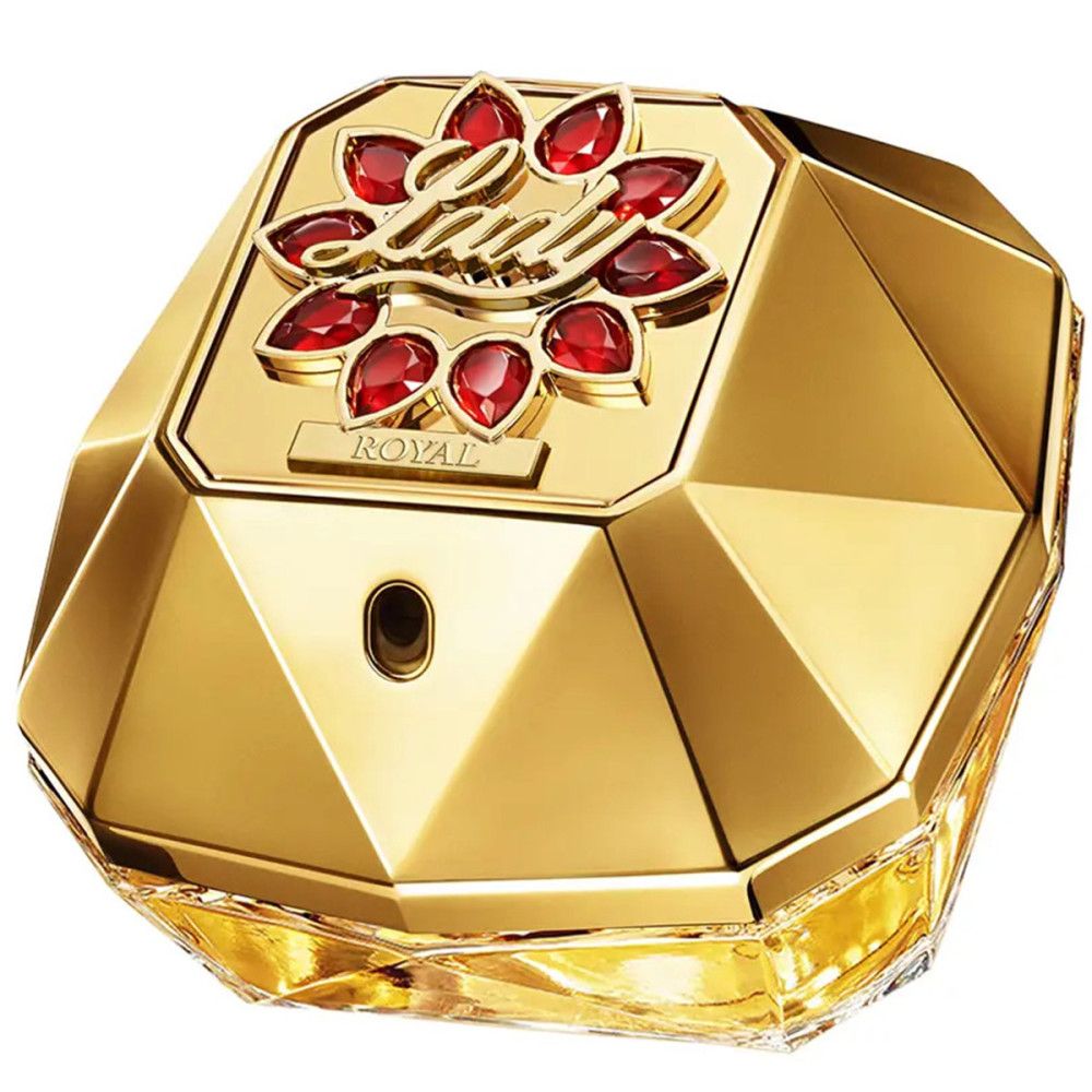 Goldener Flakon mit rotem Deckel. Diamantförmig.