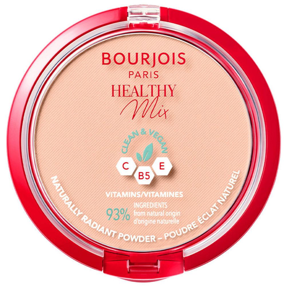 Runder, rosafarbener Puder in roter Dose. Aufschrift: Bourjois Paris Healthy Mix, Clean & Vegan, 93% Inhaltsstoffe natürlichen Ursprungs.