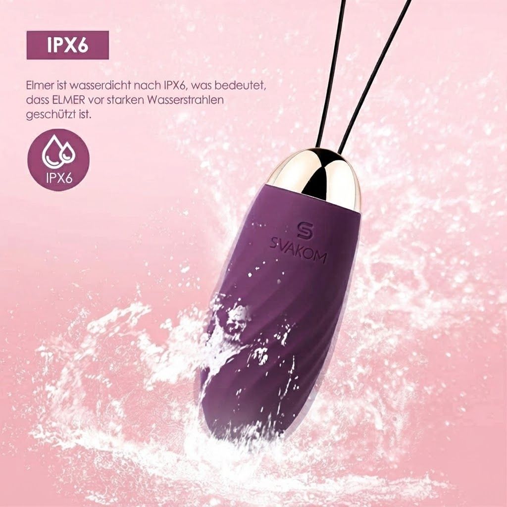 Ein lila Vibrator mit gewundenem Muster, der von Wasserspritzern umgeben ist und IPX6-Wasserdichtigkeit anzeigt.