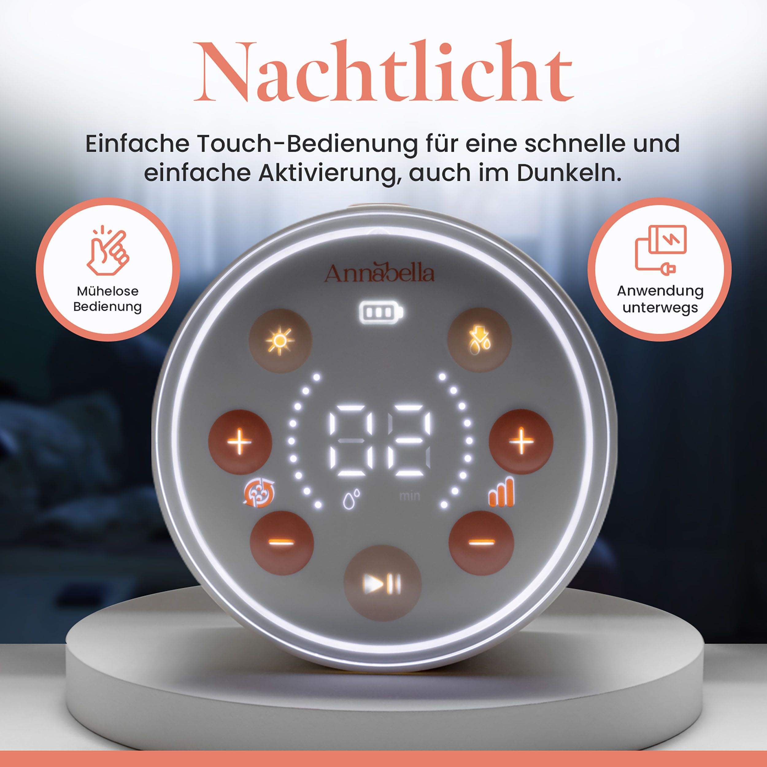 Steuerung der Milchpumpe. Beleuchtetes Display mit Tasten. Text: Nachtlicht. Einfache Touch-Bedienung. Symbole.