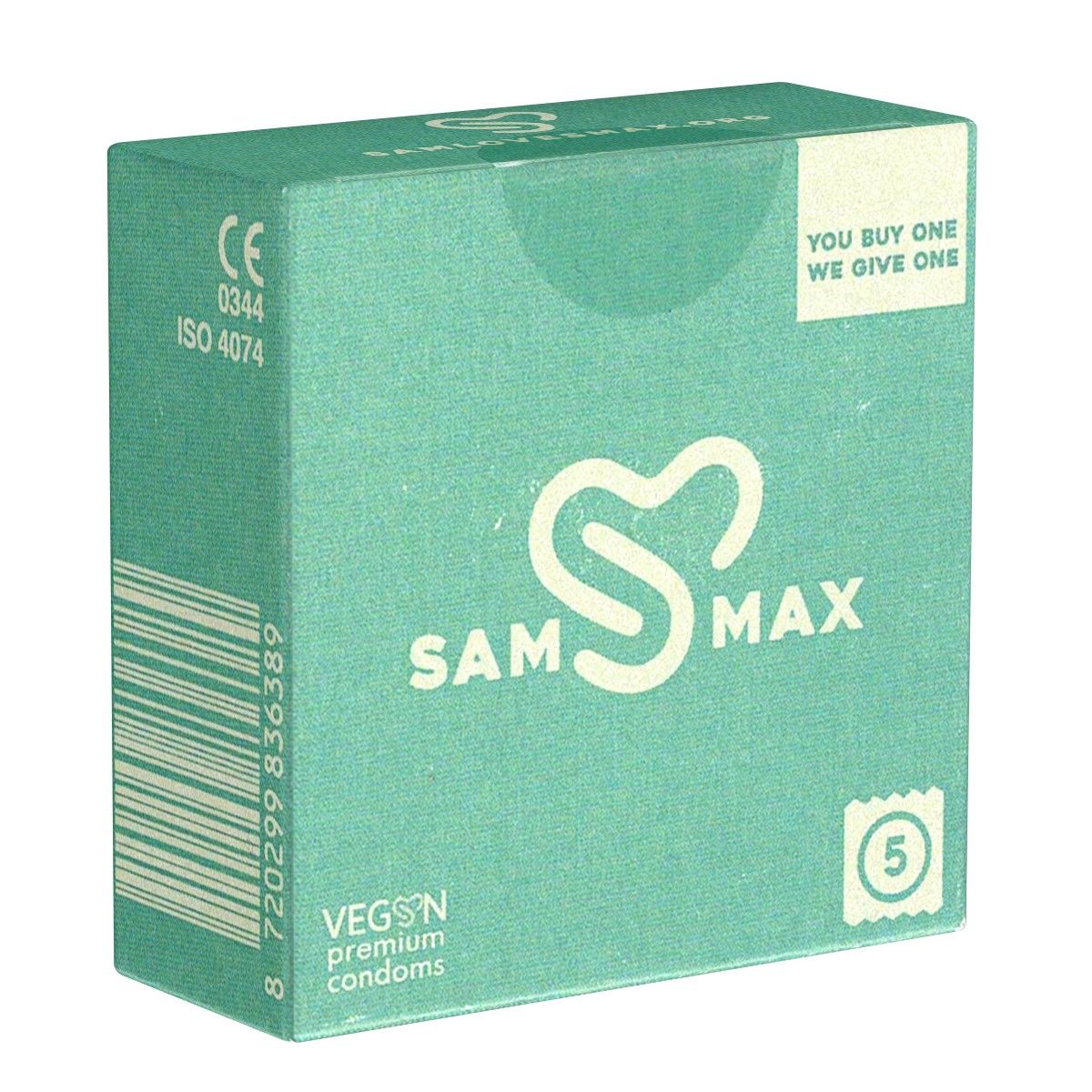 Grüne Schachtel mit Aufschrift SAM MAX. Vegan Premium Kondome. CE-Kennzeichnung. 5 Stück. Slogan: You buy one, we give one.