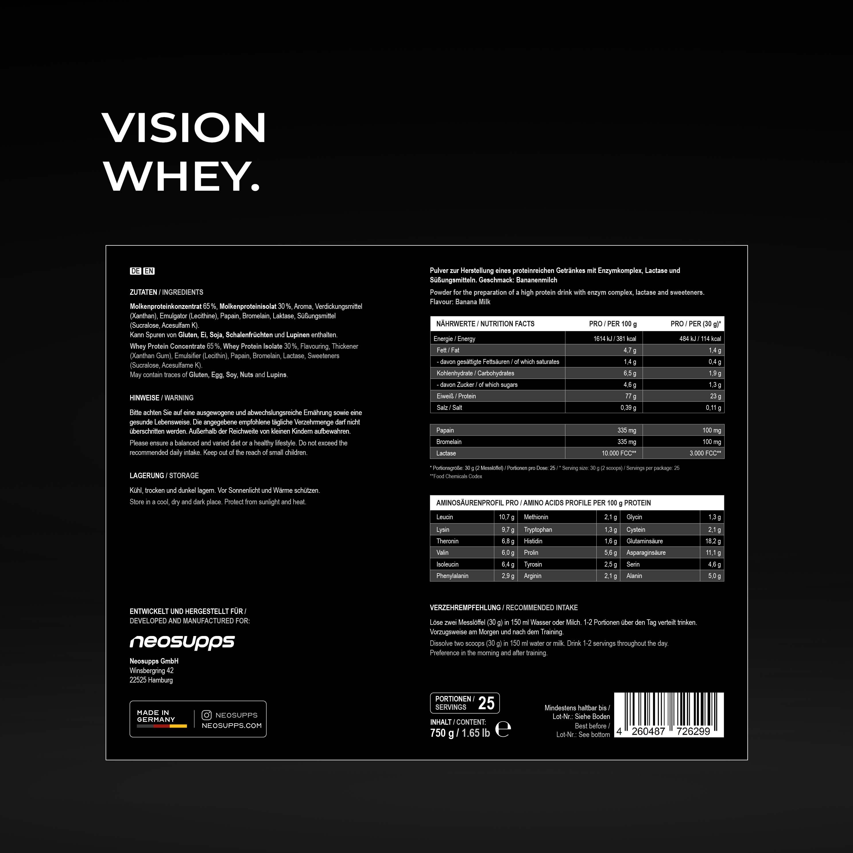 Neosupps Vision Whey Protein Banana Milk, 750g, Protein Pulver für Proteinshakes