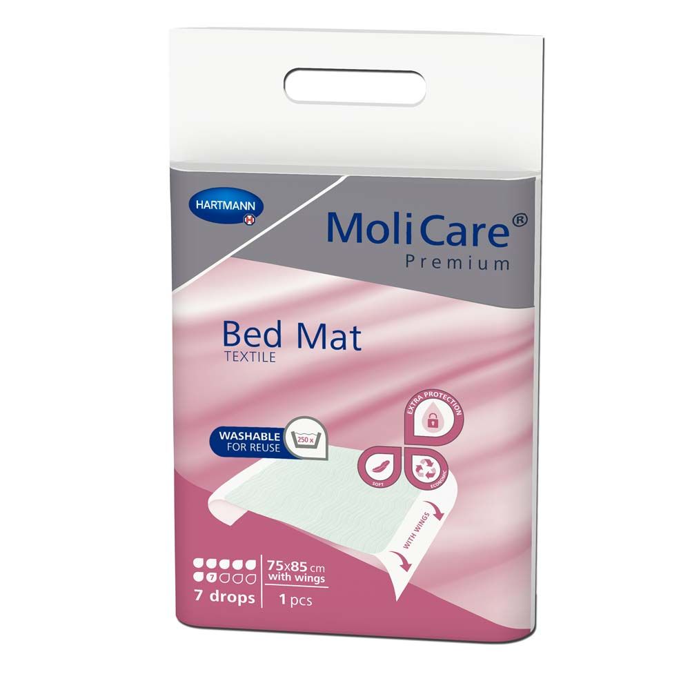 MoliCare Premium Bed Mat Textile in Verpackung. Waschbar, 75x85 cm, mit Flügeln, 7 Tropfen. Hartmann Logo.