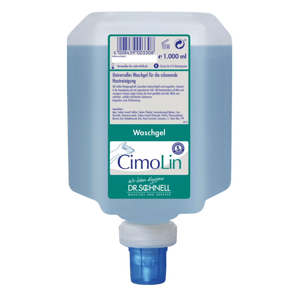 Rechteckige Flasche Waschgel. Aufschrift: CimoLin, DR.SCHNELL. Volumen: 1.000 ml. Blaue Flüssigkeit sichtbar. Produktetikett mit Text.