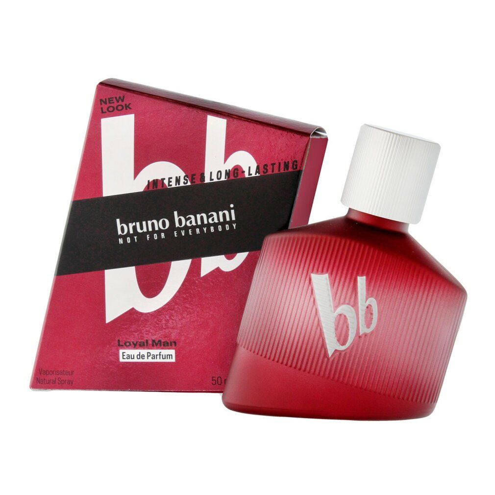 Rotes Parfümflakon und Verpackung. Aufschrift: Bruno Banani, Loyal Man Eau de Parfum. Flakon mit weißem Deckel.