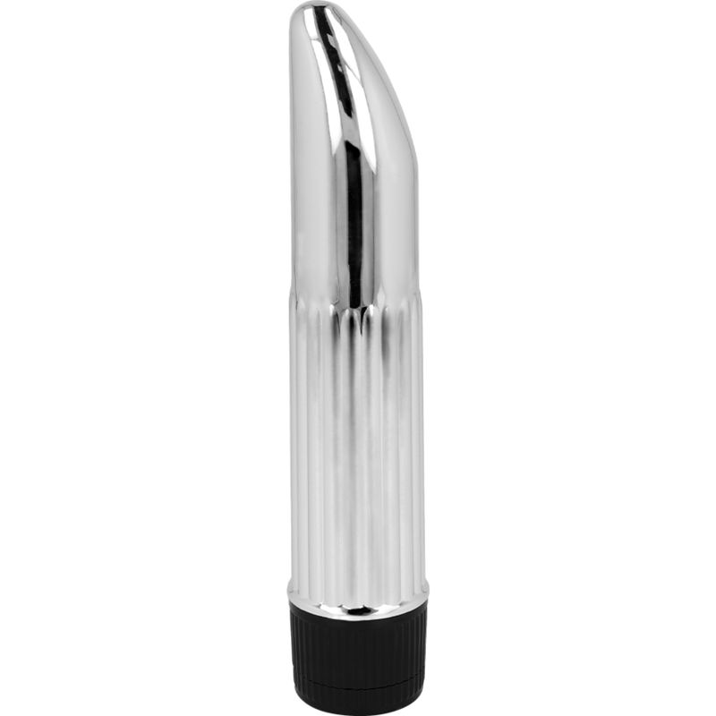 Silberfarbener Vibrator mit schwarzem Ende. Zylindrische Form mit geriffelter Oberfläche und abgerundeter Spitze.