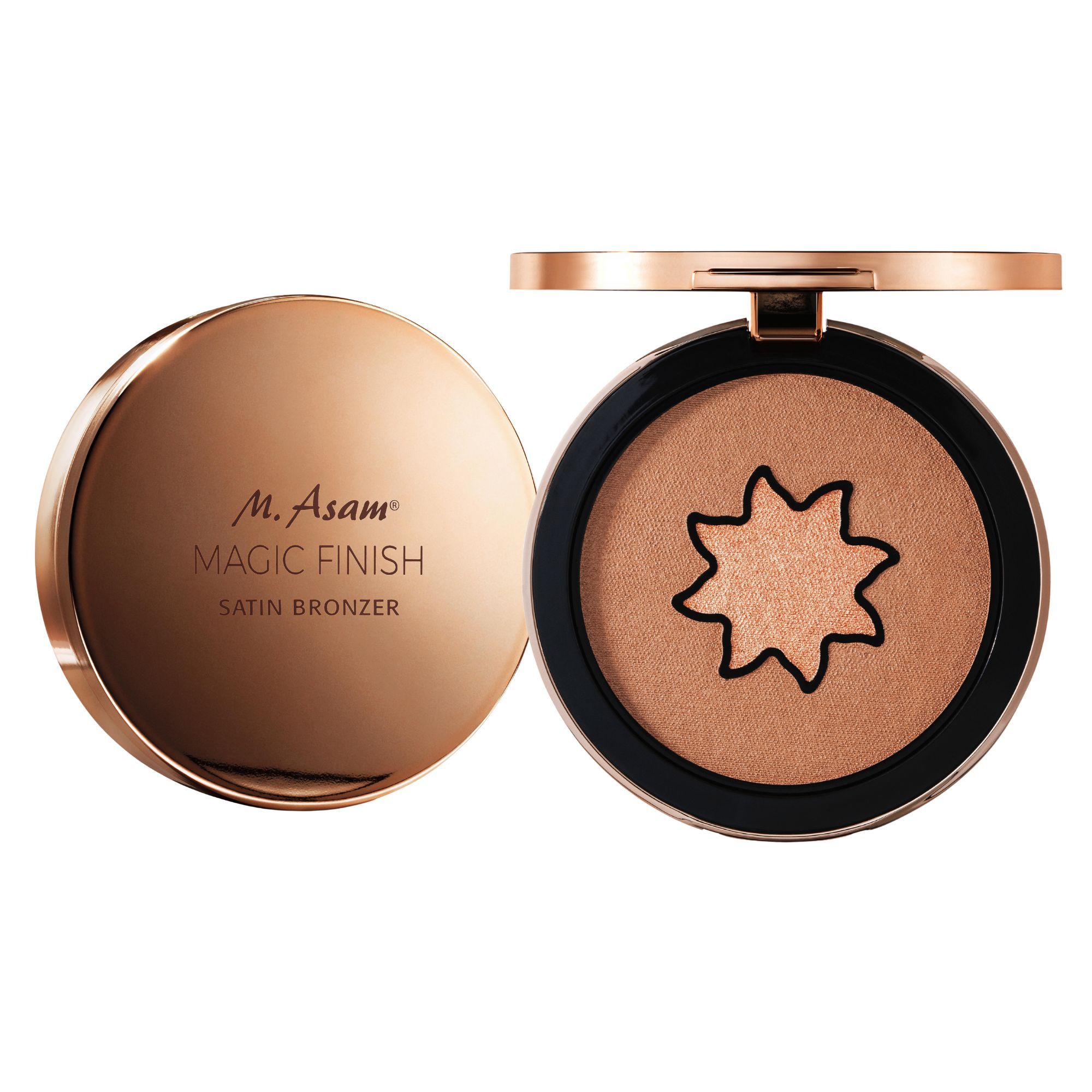 Bronzer-Dose mit Deckel. Aufschrift: M. Asam MAGIC FINISH SATIN BRONZER. Schwarzer Rand.