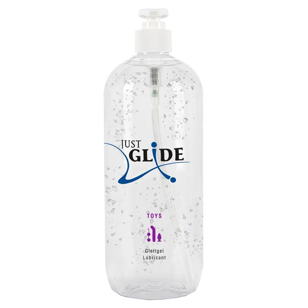 Transparente Flasche mit Spender. Aufschrift "JUST GLIDE TOYS". Enthält Gleitgel. Produktabbildung.